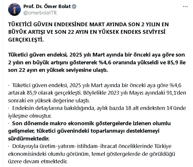 TÜİK: Tüketici güven endeksi son 22 ayın en yüksek seviyesine ulaştı