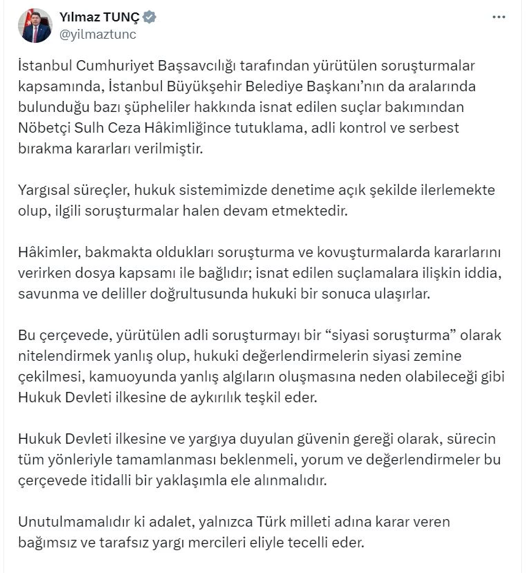 Bakan Tunç: Adli soruşturmayı bir 