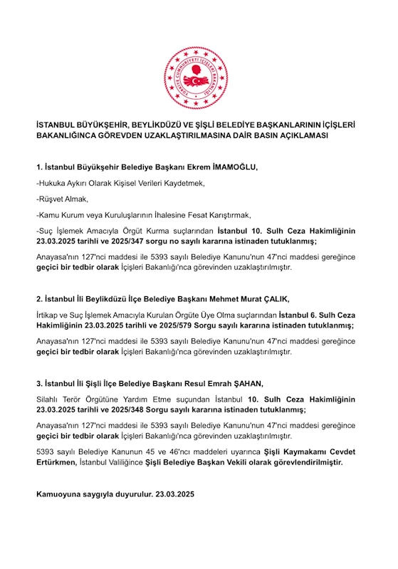 İçişleri: İmamoğlu ve 2 ilçe belediye başkanı görevden uzaklaştırıldı