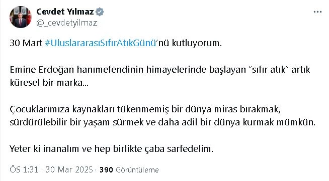 Cevdet Yılmaz: 30 Mart Uluslararası Sıfır Atık Günü