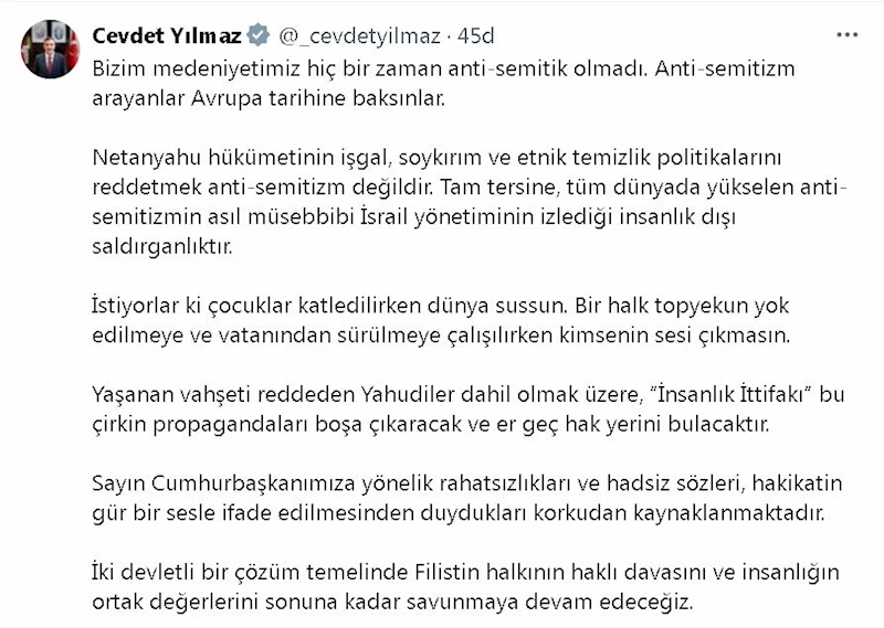 Cevdet Yılmaz: Anti-semitizm arayanlar Avrupa tarihine baksınlar