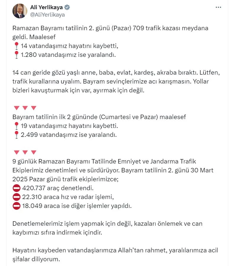 Bakan Yerlikaya: Bayram tatilinin ilk 2 gününde 19 vatandaşımız hayatını kaybetti