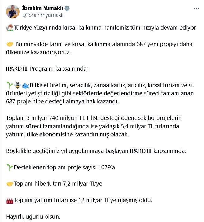 Bakan Yumaklı: IPARD 3 Programı