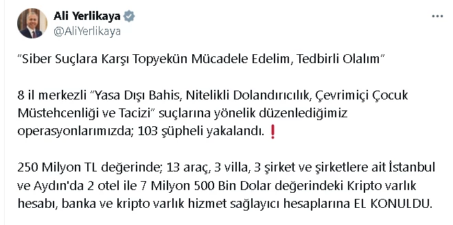 8 il merkezli siber suç operasyonları: 103 gözaltı