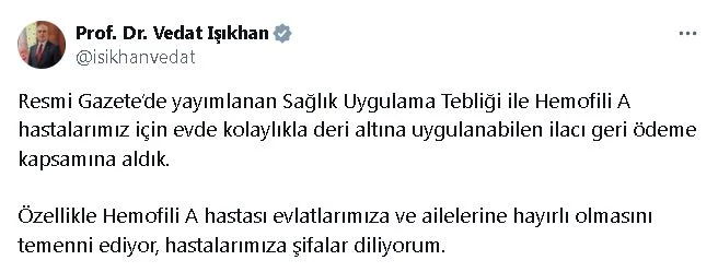 Bakan Işıkhan: Hemofili A ilacını geri ödeme kapsamına aldık