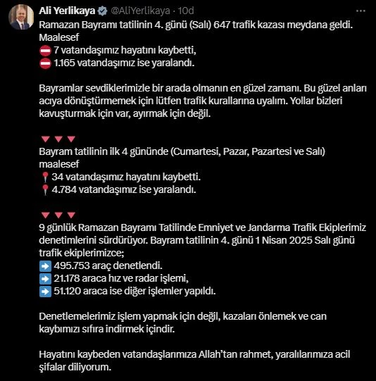 Bakan Yerlikaya: Bayram tatilinin ilk 4 gününde 34 vatandaşımız hayatını kaybetti