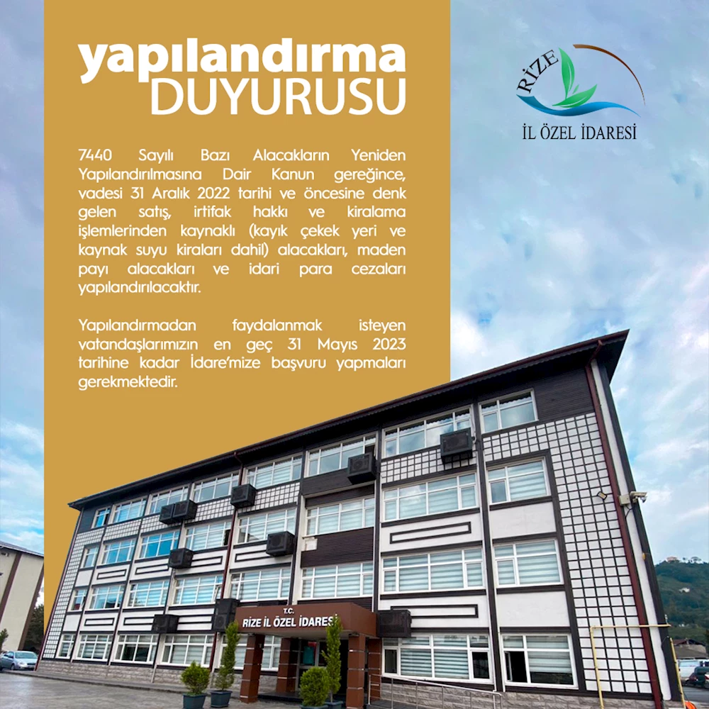 Rize İl Özel İdaresinden Yapılandırma duyurusu